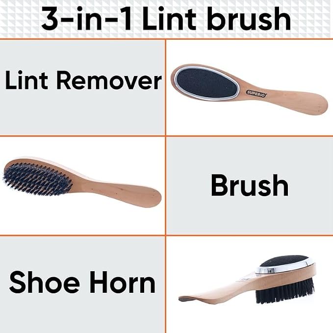 Superio Lint Brush for Clothes,6-Pack,3 in 1 Garment Brush - Double Sided Wood Handle,Clothes Brush,Lint Brush for Suit,Wool Coat,Removes Pet Lint and Dust and Shoe Horn