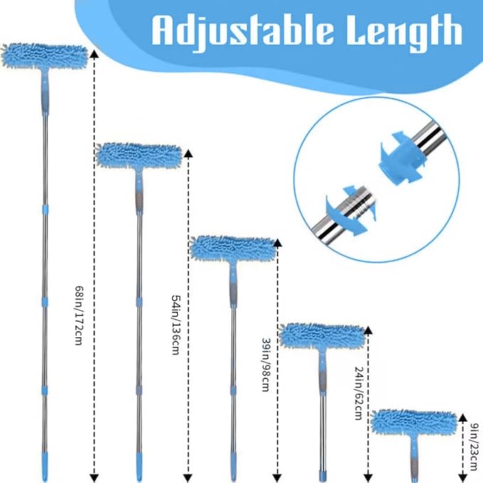 68'' Window Squeegee Cleaner Kit - 2-in-1 Rotatable Window Cleaning Tool with Extension Pole, Professional Streak-Free Squeegee with Bendable Head for Indoor/Outdoor Windows Car Glass (Blue, 38.45FT)