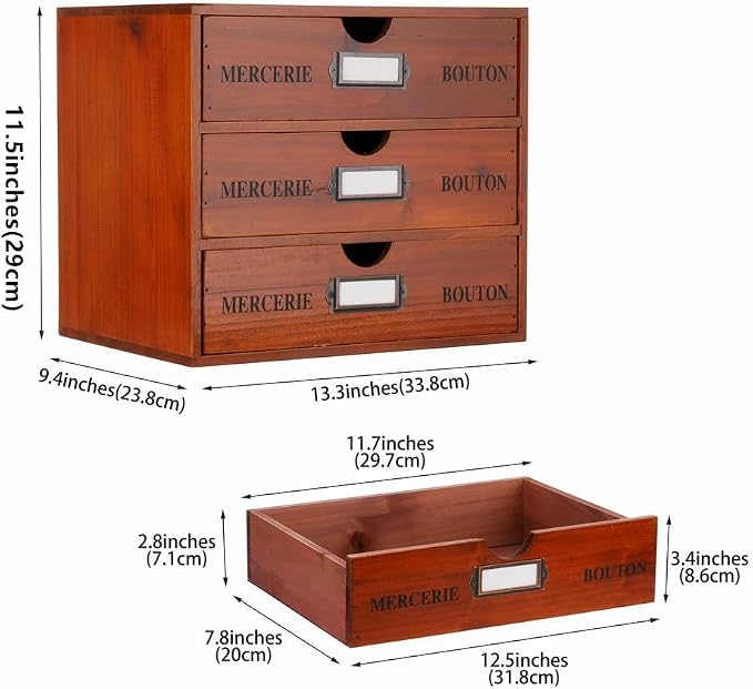 Large Wooden Drawers Wooden Box with Drawer Brown | 3 Drawer Storage Box for Apothecary Cabinet, Apothecary Drawers，Desktop Organizer with Metal Handles for Office，Home