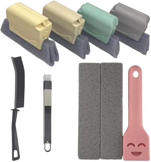 Portable Multi-Purpose Cleaning Kit, 4 Window Track Brushes, Corner Scraper, Detachable Window Groove Cleaner & 2 Pumice Stone Bars, Deep Cleaner for Bathroom, Kitchenware, Door & Window Gaps