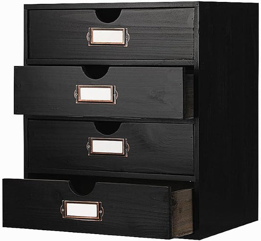 Large Wooden Drawers Wooden Box with Drawer Black | 4 Drawer Storage Box for Apothecary Cabinet, Apothecary Drawers，Desktop Organizer with Metal Handles for Office，Home