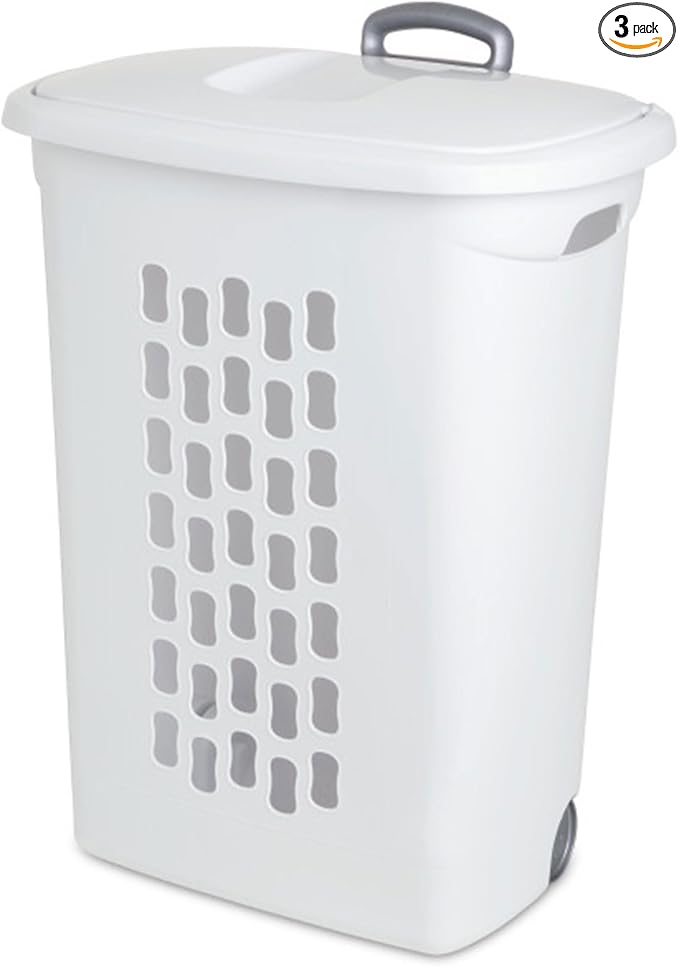 Sterilite Ultra Wheeled Hamper, Laundry Basket w/Flip-Top Lid, 6-Pack | Plastic Rolling Clothes Storage Cart with Retractable Handle & Ventilated Holes for Home, Apartment or Dorm