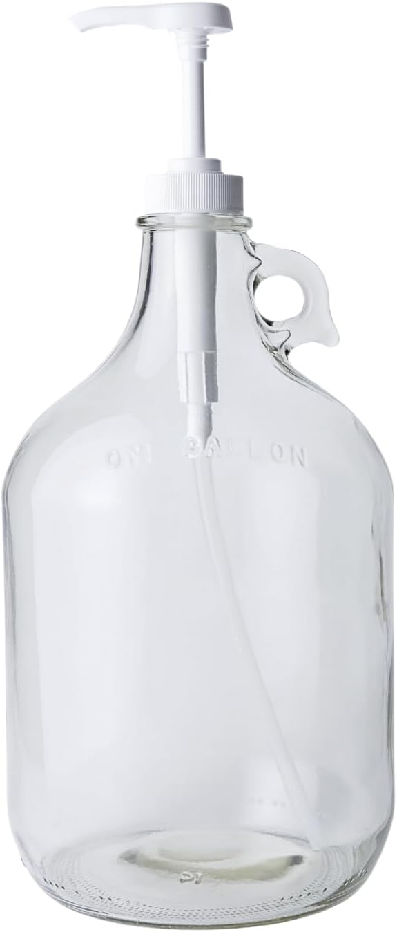 Glass Laundry Detergent Dispenser with Pump, 1 Gallon Glass Jug | 128 oz | Laundry Detergent Dispenser with airtight lid, non-slip base and 1.4 oz pump for soap, softener or syrup | 1 gallon jug