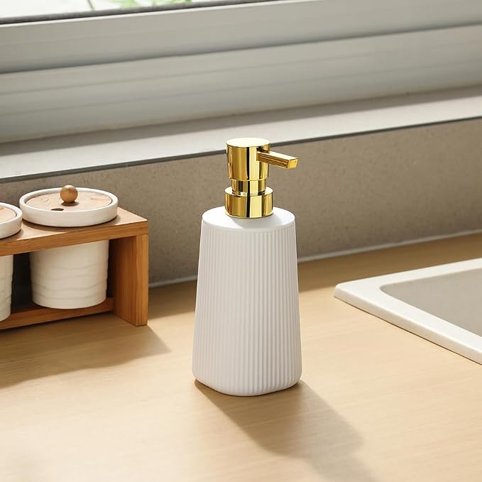 YAUKPH Small Soap Dispenser for Bathroom and Kitchen Matte White and Gold | Modern Farmhouse Striped Style Plastic Hand Soap Dish Soap Dispenser with Pump