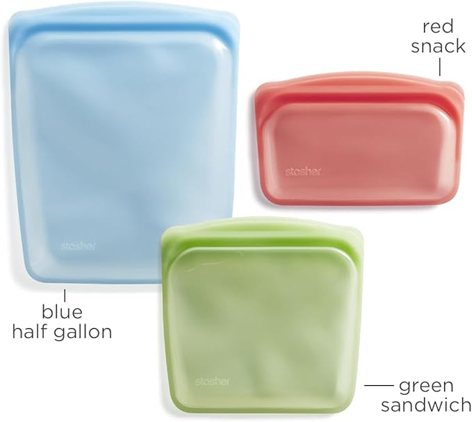 Stasher Silicone Reusable Storage Bags, 3-Pack, Reusable Freezer Bags, Microwave, Dishwasher, Oven Safe, Sous Vide, Premium Lunch Containers, Eco Friendly, Food Storage Bags, Snack Bags, Multicolor