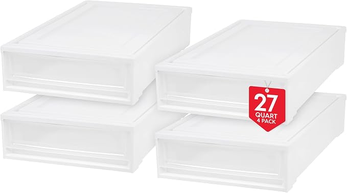 IRIS USA 4-Pack, 27 Qt. Under Bed Storage Bin with Sliding Drawers, White | Store seasonal clothing, shoes, blankets, linens and household essentials neatly under beds to maximize storage space