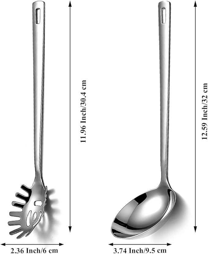Berglander Kitchen Ladle Spoon and Spaghetti Spoon Set 2 pieces, Pasta Spoon Stainless Steel Kitchen Utensils for Cooking, Stirring, Serving Spaghetti, Soup, Sauce, Dishwasher Safe