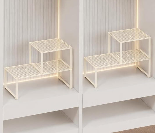 Extendable Metal Wire Shelf Organizer - Adjustable 15-24.4in Length, Stackable Storage Rack for Kitchen/Pantry/Bathroom/Shoe Cabinet/Tool Closet (Cream, 4 Pack)