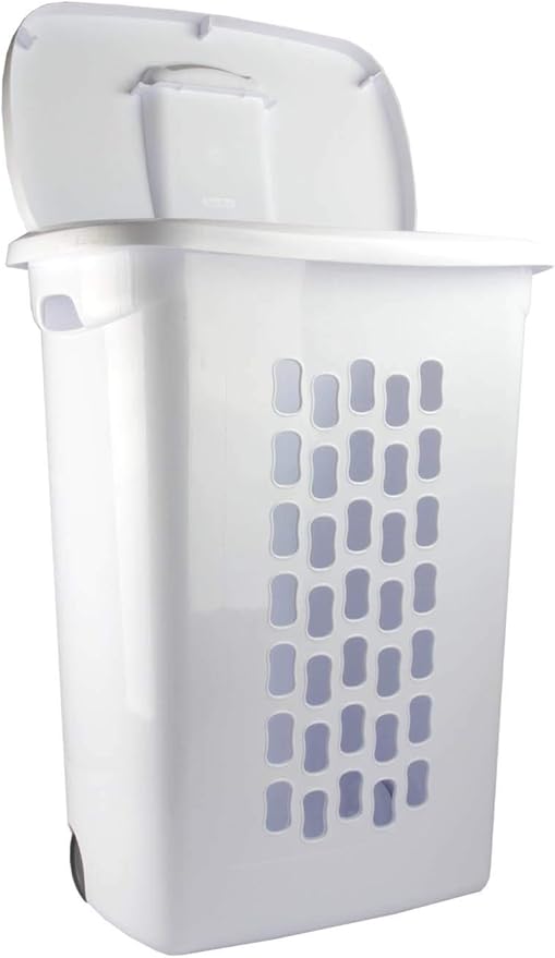 Sterilite Ultra Wheeled Laundry Hamper with Lid, Handle and Wheels for Easy Rolling of Clothes to and from the Laundry Room, Plastic, White, 1-Pack, Portable