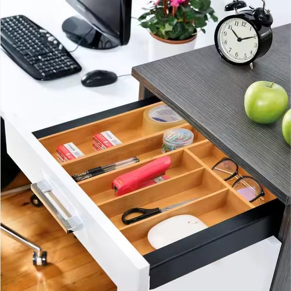 Kitchen Drawer Organizer Expandable Bamboo, Utensil Organizer for Kitchen Drawer, Adjustable Silverware Organizer Tray 13–19.6”, Wooden Cutlery Drawer Organizer, Deep Compartments