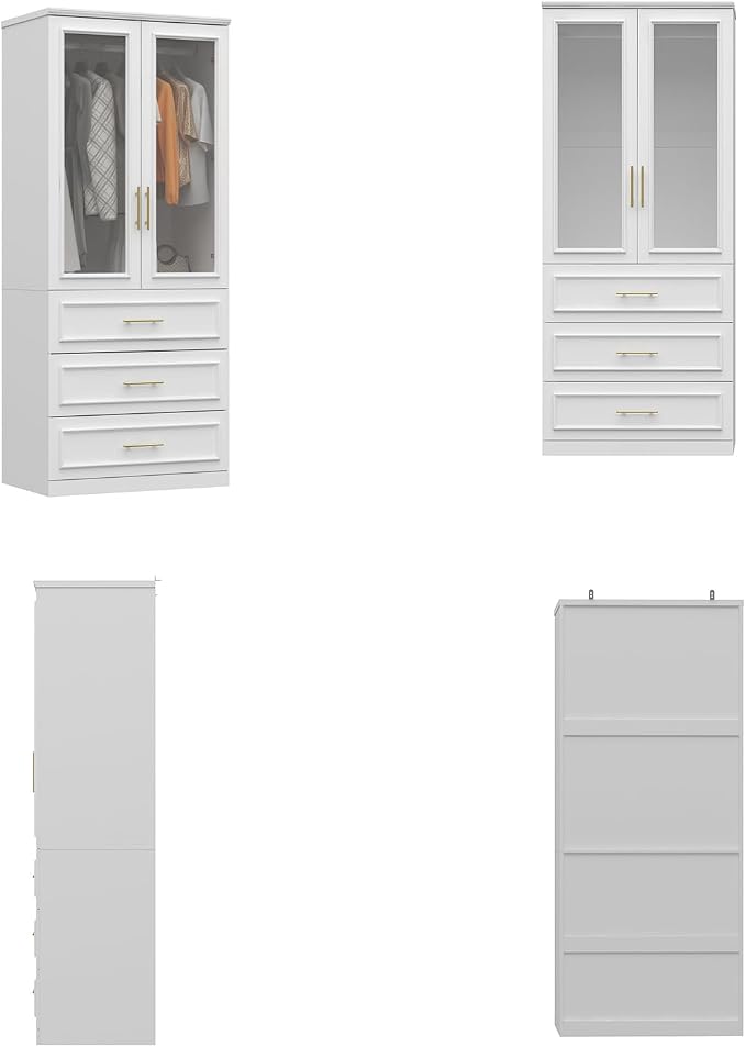 FUFU&GAGA Wardrobe Closet with Glass Doors, Modern White Bedroom Armoire with Gold Handles, Modern Clothes Storage Cabinet with 3 Drawers, Hanging Rod, 31.7”W x 19.3”D x 74.8”H
