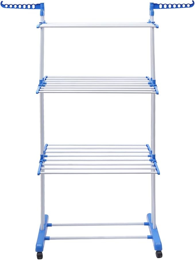 Foldable Clothes Drying Rack Stand 4-Tier,Garment Rolling Dryer Hanger with 4 Wheels,Easy to Assemble, Indoor Outdoor Use(Blue)