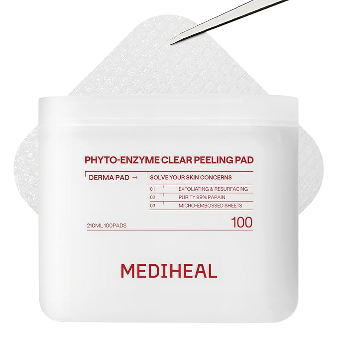 MEDIHEAL Phyto-Enzyme Clear Peeling Toner Pads, Exfoliation (100 Count) | with Enzyme & BHA+PHA Complex | for Pore Cleansing & Skin Renewal | Plastic-Free Vegan Pads | Korean Derma Toner Pads