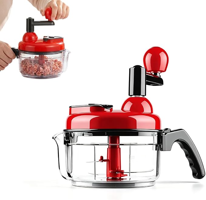 Hand Food Chopper, Manual Vegetable Chopper with Stainless Steel Blades, Rotation Onion Chopper for Garlic, Salad, Salsa, Nuts, Meat, Easy to Clean Food Dicer & Mincer (Red)
