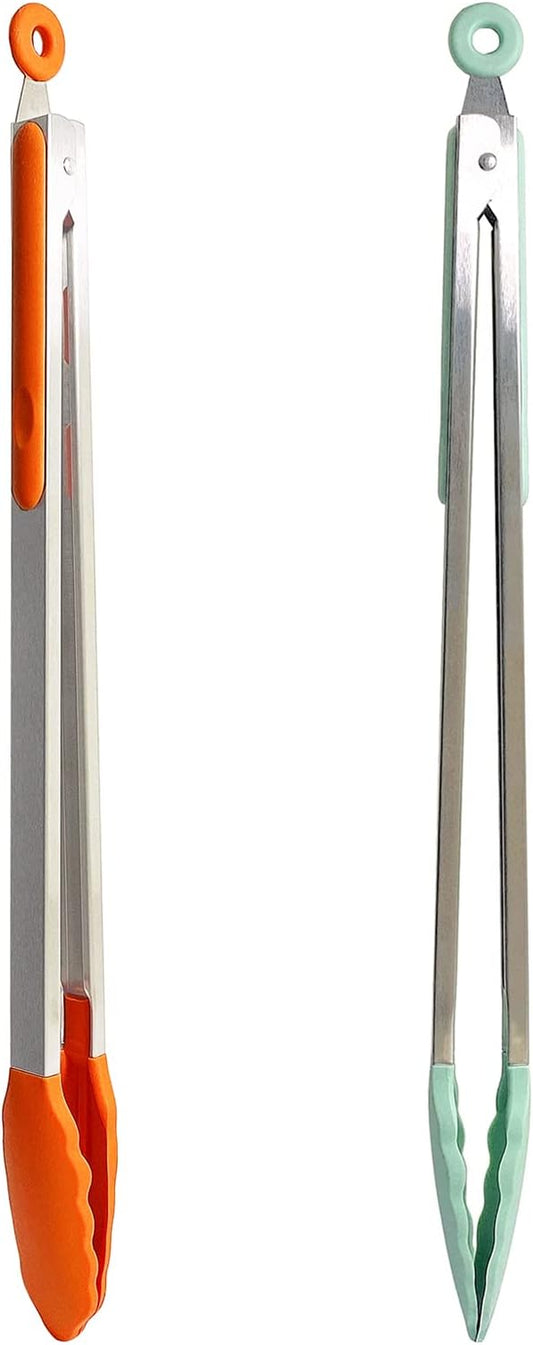 18 inch Extra Long Grill Tongs (1 orange + 1 mint green), with Silicone Tip Head, Stainless Steel Barbecue Tongs with Long Handle, Large Sized Food Tong, Extended Serving Tong