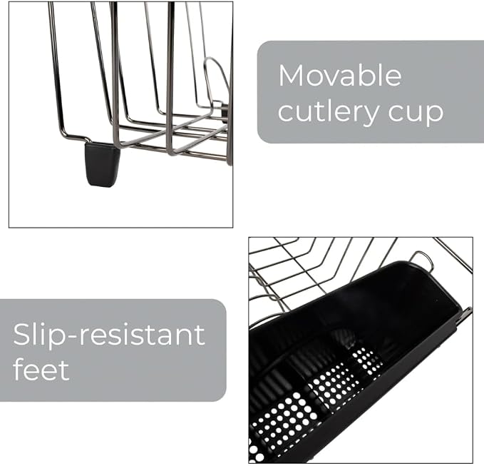 Large Wire Dish Rack – 17.5" x 13.7" x 5.5", Black/Chrome, Space-Saving Kitchen Dish Drainer with Utensil Holder, Rust-Resistant for Drying Plates & Bowls