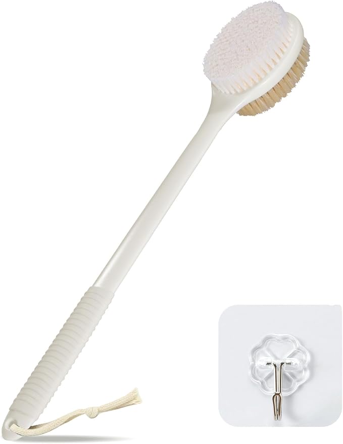 VANZAVANZU Back Scrubber for Shower, 17 Inch Long Handle Back Brush, Dual-Sided Bath Brush, Anti-Slip Handle Shower Brush for Wet or Dry Brushing (Cream White)
