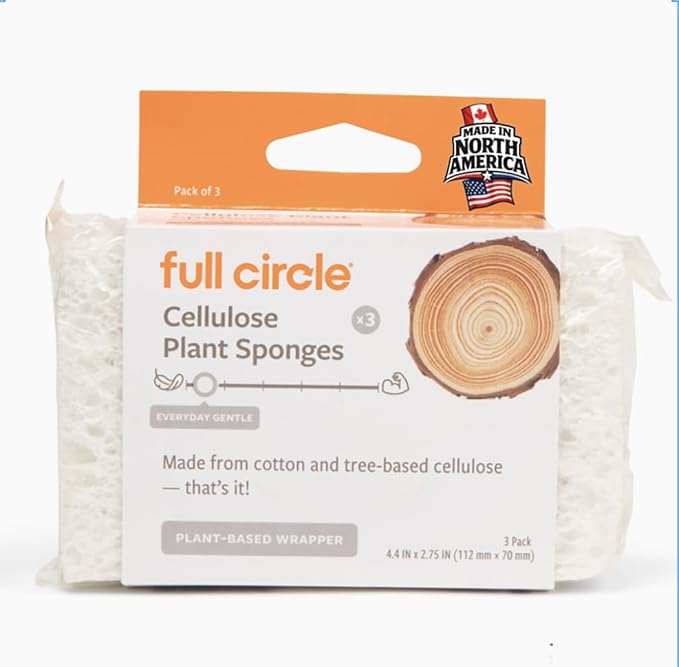 Full Circle 100% Plant-Based Cellulose Sponges – Pack of 3 – Plastic-Free, Natural Sponge, No Microplastics, Safe for Nonstick Cookware