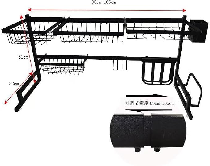 Over The Sink Dish Drainer Drying Rack,Stainless Steel Dish Dyring Rack Above Sink with Adjustable Height,Kitchen Counter Storage Shelf for Organizer Cookware,Cups,Cutting Board (33.4‘’-41.3‘’)