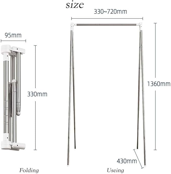 Portable Travel Garment Rack, Collapsible Clothes Rack, White, Stainless Steel, 16"D x 35"W x 53"H, 8.8 Pounds, Foldable, Portable, Collapsible