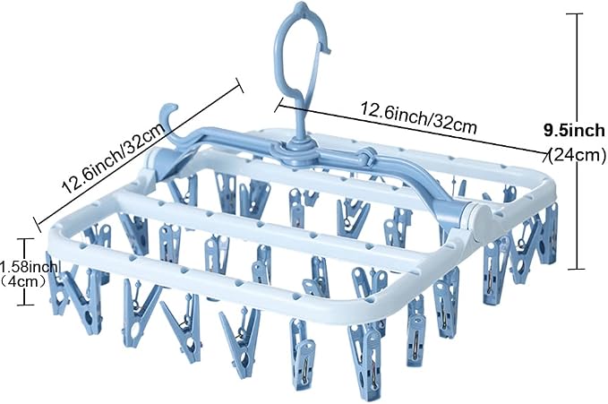 Foshine Clothes Drying Racks Foldable Clip Hangers Plastic with 32 Clips | Clip Hangers Wind-Proof Hook Underwear Hanger For Socks Bras Blue