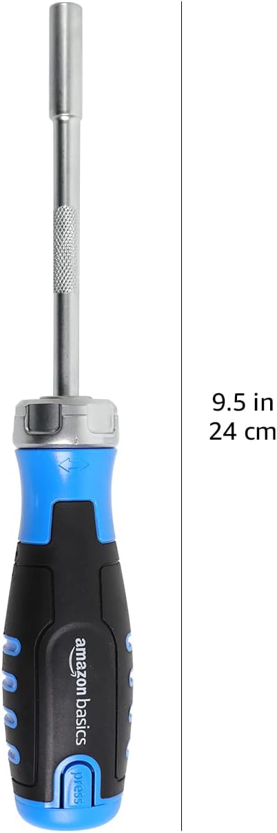 Amazon Basics 12-in-1 Ratcheting Magnetic Screwdriver Set with Bit Storage in Handle, Portable Repair Tool Kit, Security Torx, Phillips, Flat, Hex, Torx, Black, Blue, Silver