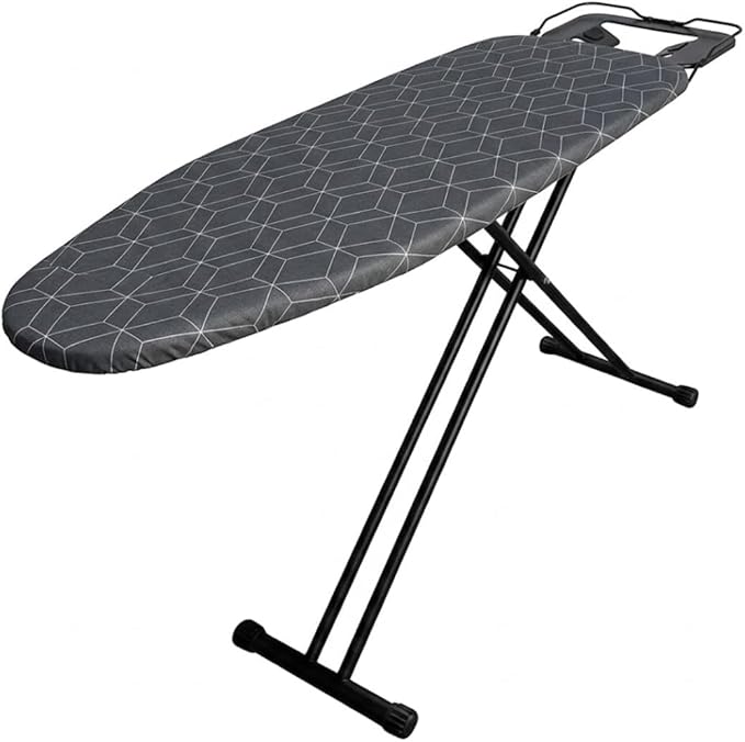 Ironing Board with Iron Rest - 45 x 13 Inch Adjustable Height Steel Mesh Board - Foldable Laundry Room Station with 2-Layer Padded Gray Hexagon Cotton Cover