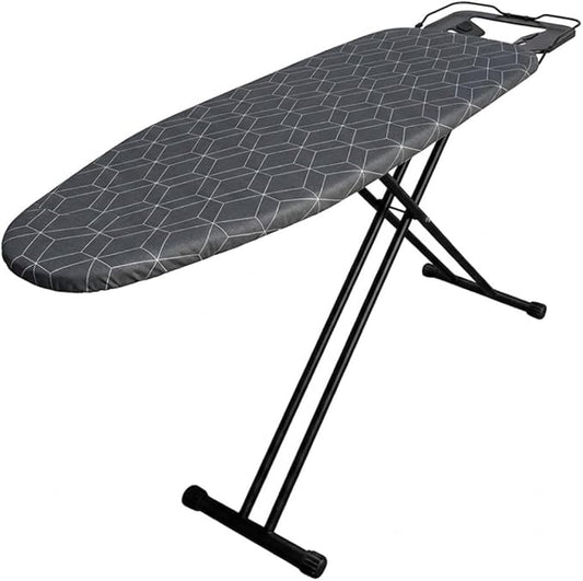 Ironing Board with Iron Rest - 45 x 13 Inch Adjustable Height Steel Mesh Board - Foldable Laundry Room Station with 2-Layer Padded Gray Hexagon Cotton Cover