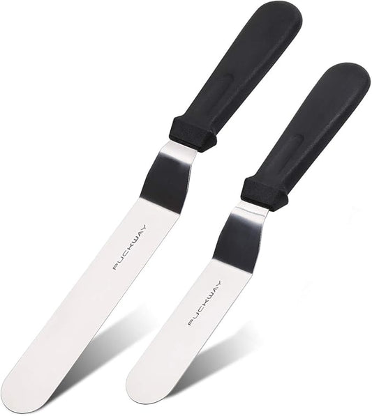 Angled Icing Spatula, Stainless Steel Offset Spatula, Cake Spatula Set of 2 Black 6, 8 inch Blade