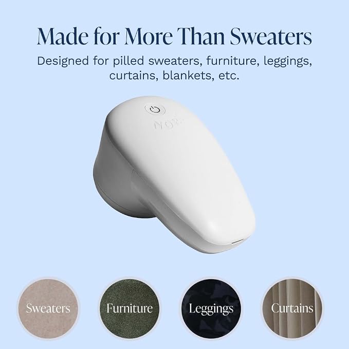 Nori Trim Fabric Shaver - Lint Remover for Clothes & Furniture - White | Couch pilling, sweater pill remover, clothes shaver with 6 precision blades, wireless and rechargeable