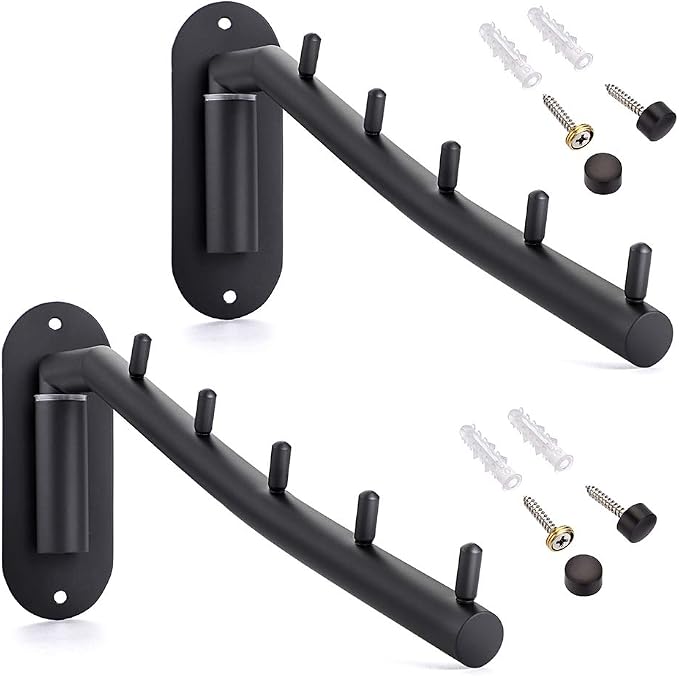 Sumnacon 2 Pcs Stainless Steel Clothes Hanger Rack-Wall Mount Garment Hook with Swing Arm, Sturdy Coat Robe Storage Organizer for Laundry Room Bedrooms Clothing Drying Rack with 5 Hooks, Black
