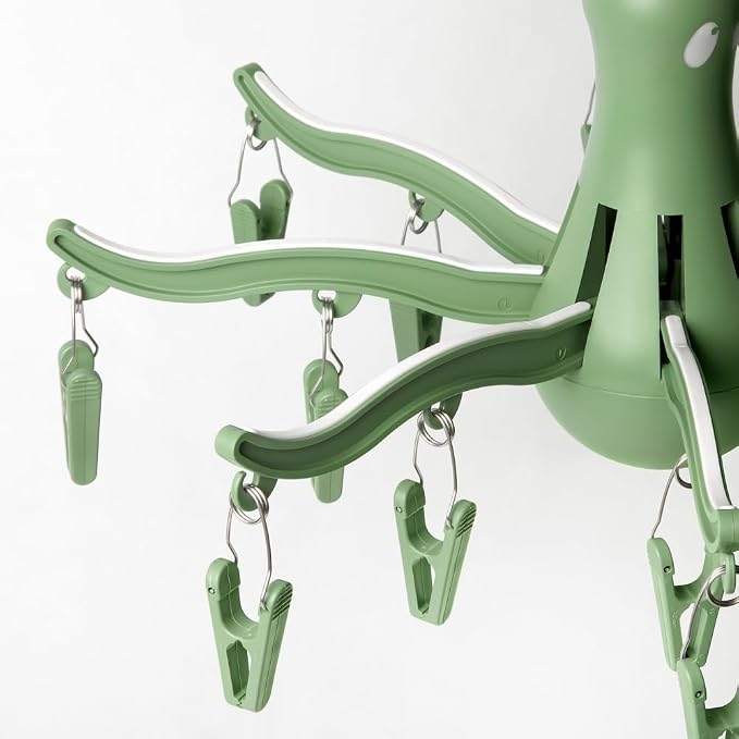 PRESSA Hanging Dryer 16 Clothes Clips Octopus Laundry Dryer Foldable Hanging Drying Rack 8 Claw Peg Hanger Space Saving Indoor Outdoor Clothes Airer (Green)