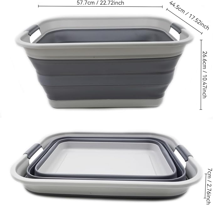 SAMMART 42L(11 gallon) Collapsible Plastic Laundry Basket-Foldable Pop Up Storage Container/Organizer-Portable Washing Tub-Space Saving,Water capacity 34L(9 gallon) (1 Rectangular - strengthen, Grey)
