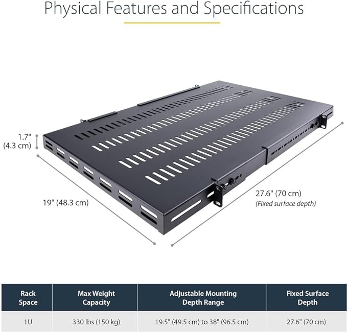StarTech.com 1U 4-Post Adjustable Vented Server Rack Mount Shelf - 330lbs(150 kg) - 19.5 to 38in Adjustable Mounting Depth Universal Tray 19" AV/ Network Equipment Rack - 27.5in Deep (ADJSHELFHDV) | 19.5-38in adjustable mounting depth, 27.5in deep univ...