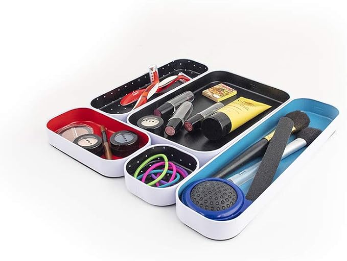 Three by Three Seattle Metal Drawer Organizer Tray Set, 5-Pc, 1" (Multi) | Colorful 1" metal bins; food-safe; soft non-scratch base; kitchen, bathroom, vanity, desk & office drawers