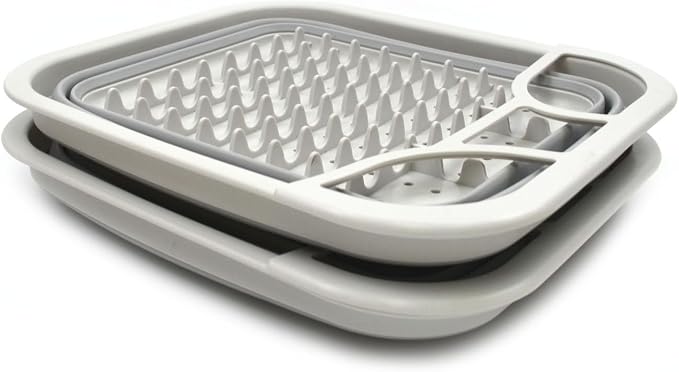 SAMMART Set of 2 Collapsible Dish Drainer with Drainer Board - Foldable Drying Rack Set - Portable Dinnerware Organizer - Space Saving Kitchen Storage Tray (2, Grey)