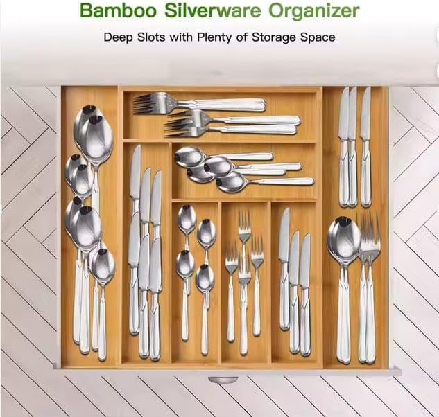 Kitchen Drawer Organizer Expandable Bamboo, Utensil Organizer for Kitchen Drawer, Adjustable Silverware Organizer Tray 13–19.6”, Wooden Cutlery Drawer Organizer, Deep Compartments (5)