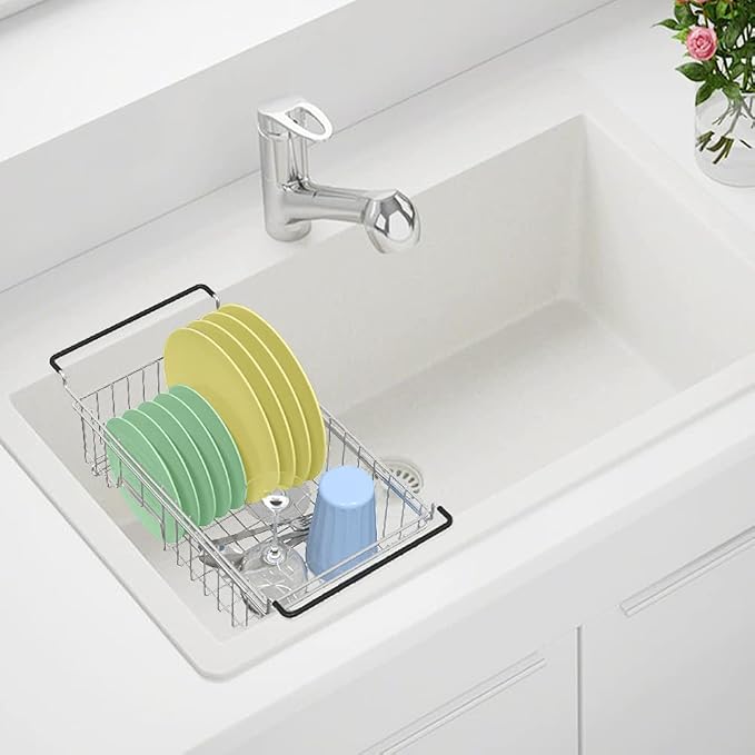 TreeLen Expandable Dish Drying Rack Over the Sink Small Dish Drainer in Sink Adjustable Rustproof Sink Strainers for Kitchen-304 Stainless Steel