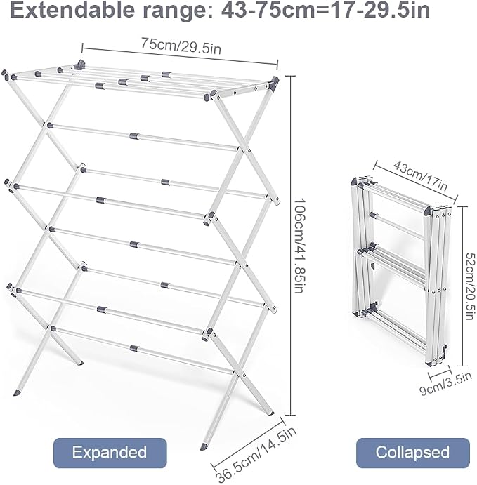 Foldable Clothes Drying Rack 41"x29"x14" - White | Portable Extendable Laundry Drying Rack for Indoor Air Drying Clothing with 4 Hangers