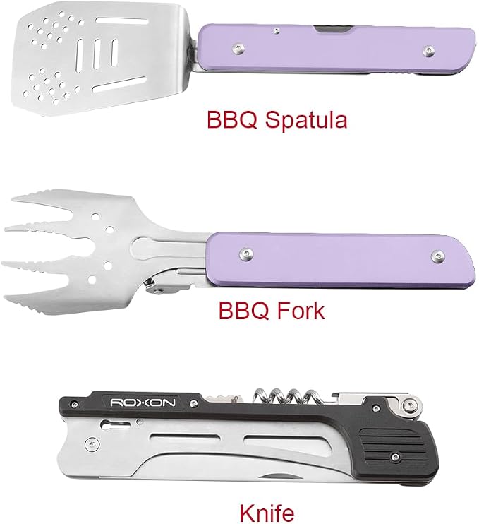 ROXON S601 6-in-1 Folding Grill Tool Set,14"BBQ Utensils for Camping Purple | Includes Fork, Spatula, Knife, Tongs, Bottle Opener & Corkscrew. LFGB Certified, Dishwasher-Safe, Portable for Outdoor BBQ