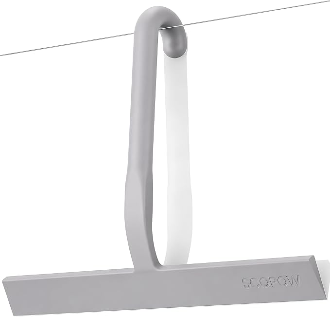 Shower Squeegee for Glass Doors - 10 Inch Bathroom Squeegee with Ergonomic Round Grip, Built-in Hook, Streak-Free No-Squeak Silicone Blade for Shower Glass, Tile Walls, Mirrors & Windows, Grey