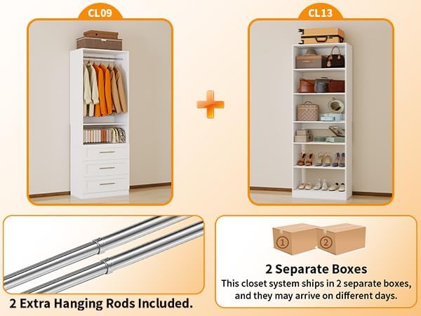 Closet System with 2 Sets, 4FT-10FT Closet Organizer Systems with 3 Wooden Drawers 7 Shelves & 3 Hanging Rods, Walk in Closet freestanding Corner Modular Closet Storage System White (4FT)
