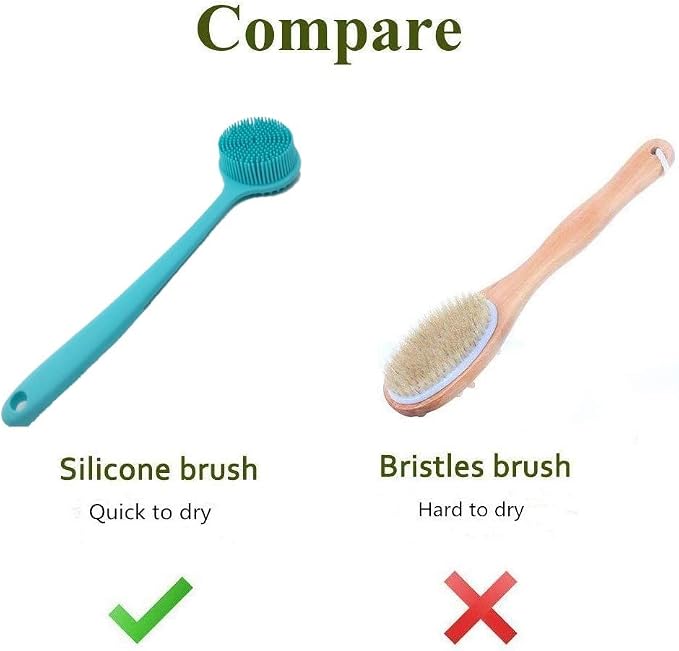 Long Handle Silicone Body Scrubber for Shower, Dual-Sided Back Scrubber Brush with Soft Bristles&Massage Nodes, Exfoliating Bath Brush for Hard to Reach Areas, Easy to Clean & Quick Dry, for Daily Use