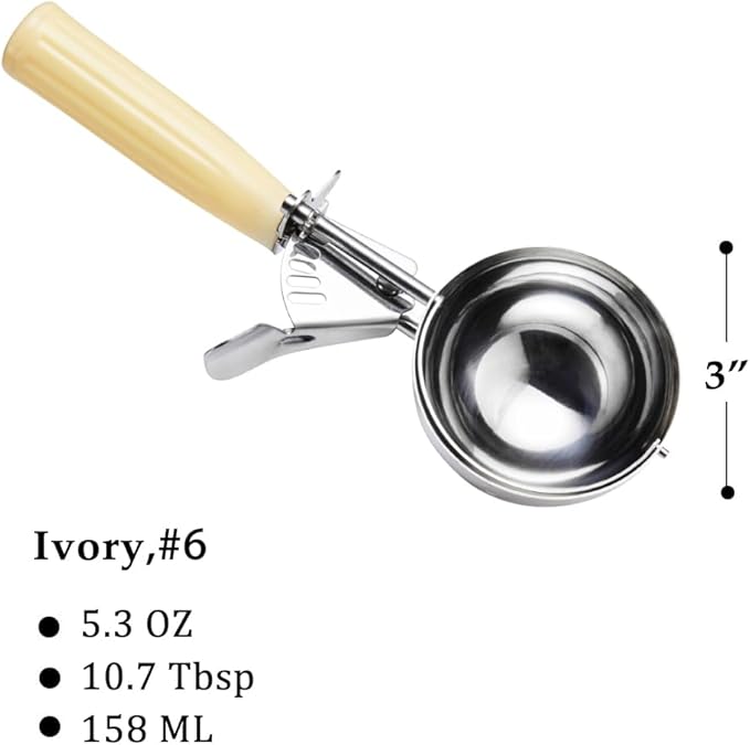 Saebye Portion Scoop - #6 (5.3 oz) - Disher, Food Scoop, Cupcake Scoop, Muffin Scoops - Portion Control - 18/8 Stainless Steel, Ivory Handle