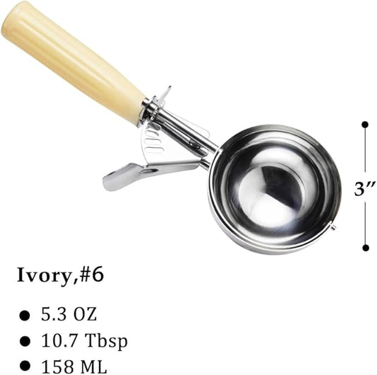 Saebye Portion Scoop - #6 (5.3 oz) - Disher, Food Scoop, Cupcake Scoop, Muffin Scoops - Portion Control - 18/8 Stainless Steel, Ivory Handle