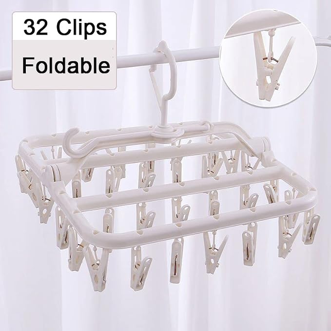 Foshine Foldable Clothes Drying Rack with 32 Drying Clips Wind-Proof Hook | Underwear Hanger Plastic Laundry Clip For Socks Bras White