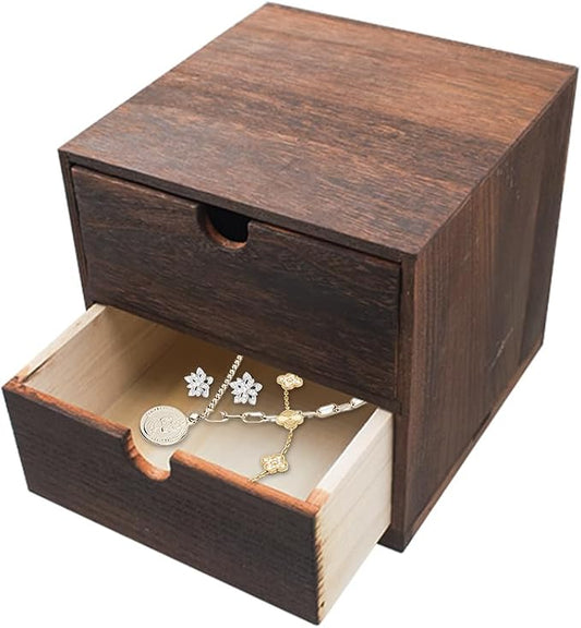 2-Drawer Desk Organizer Rustic Wooden Drawer Organizer for Storing Small Items Wood Countertop Drawer Organizers Storage Drawers for Desk Heavy Carbonization Farmhouse Storage Box (7 x 7in)