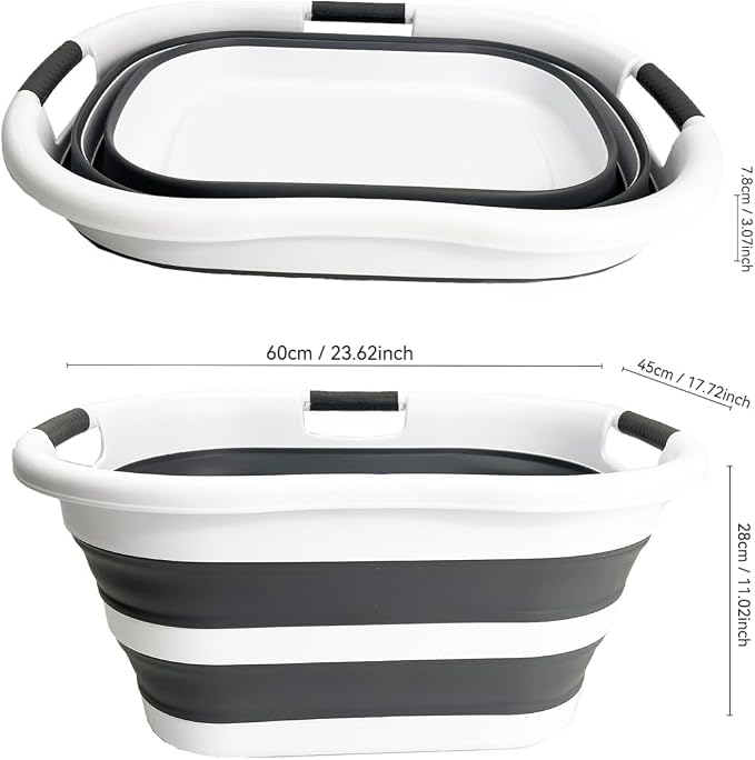 SAMMART 40L (10.5 gallon) Plastic Foldable Laundry Basket/Tub - Collapsible, Space Saving and Portable Laundry Hamper, Ideal for Home, Travel, Dorm, and Camping (1, White/Steel Gray)