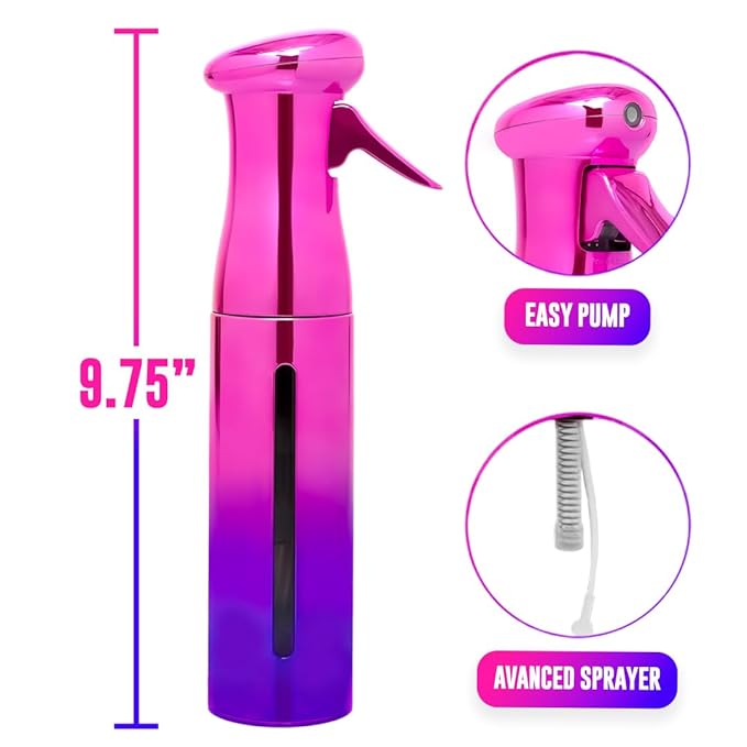 Colortrak Luminous Spray Bottle, 250ml/8.5oz Bottle with Full 360° Distribution, Easy-Use Pump, Quick View Window to Monitor Water Level, Eco-Friendly, Pink/Purple