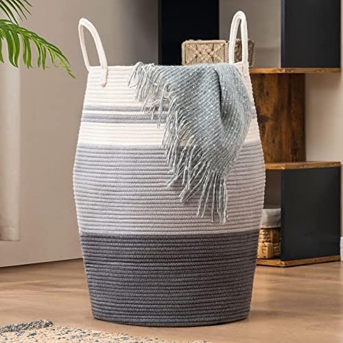 Extra Large Laundry Hamper Basket 105L Woven Blanket Basket, Grey | Tall Clothes Hamper, Rope Wicker Laundry Basket, Storage Basket for Toys, Dirty Cothes in Bedroom, Living Room Organizer